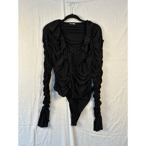 Fashion Nova Womens Black Ruched Ruffle V-Neck Long Sleeve Bodysuit #Misc